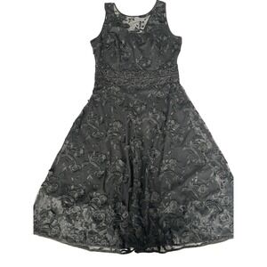 WHBM Womens Size 8 Cocktail Dress Black Floral Embroidered Mesh Fit Flare Event